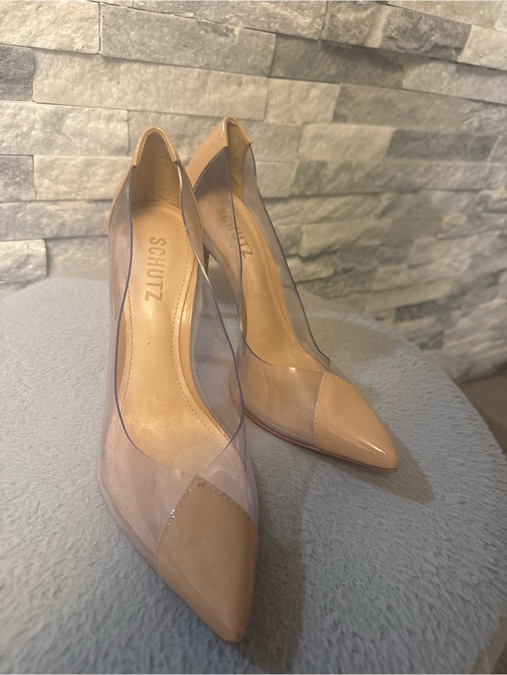 SCHUTZ Nude Patent Pointed-Toe Pumps with Clear Panels